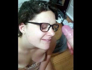 Obedient wifey in glasses waiting on facial cumshot
