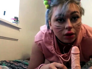 Neko woman marionette plays with fucktoys while sir is away