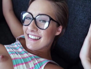 Mighty facial jizz shot for ultra-cute doll in glasses