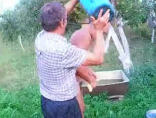 Mature father takes douche bare outdoor