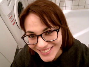 Black-haired Girlfriend deep-throat in restroom of IKEA